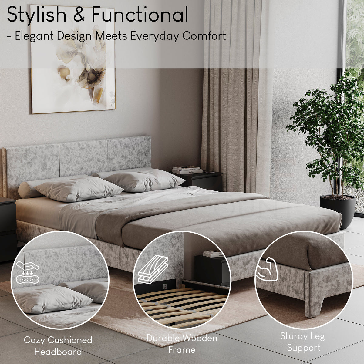 Victoria King Size Velvet Bed, Silver UKFR
