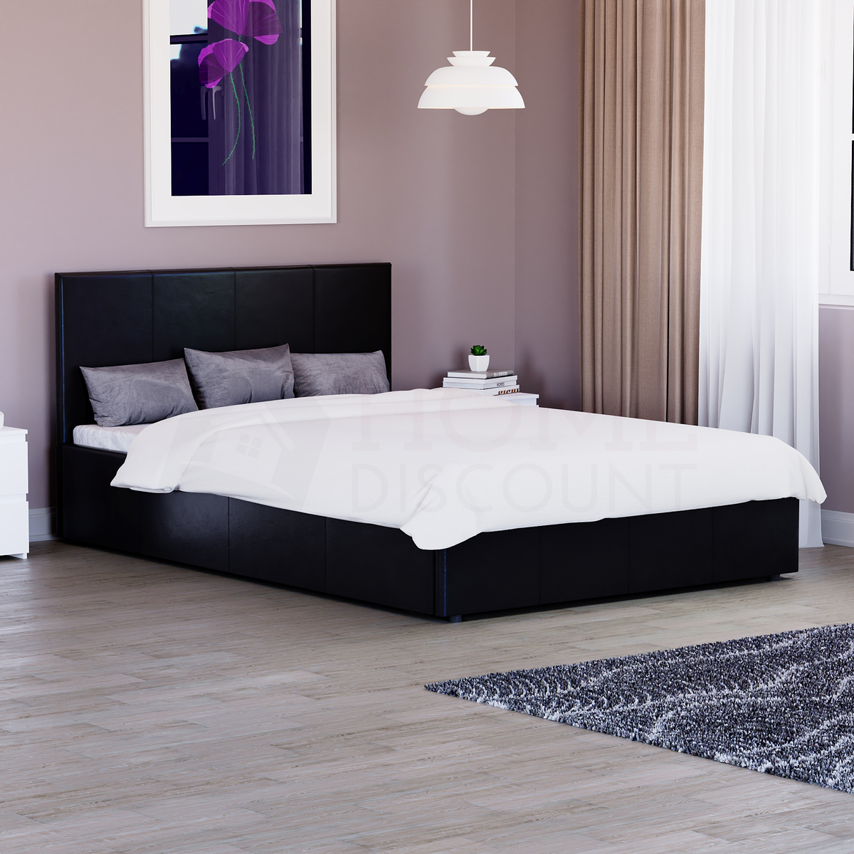 Lisbon Small Double Ottoman Faux Leather Bed, Black UKFR