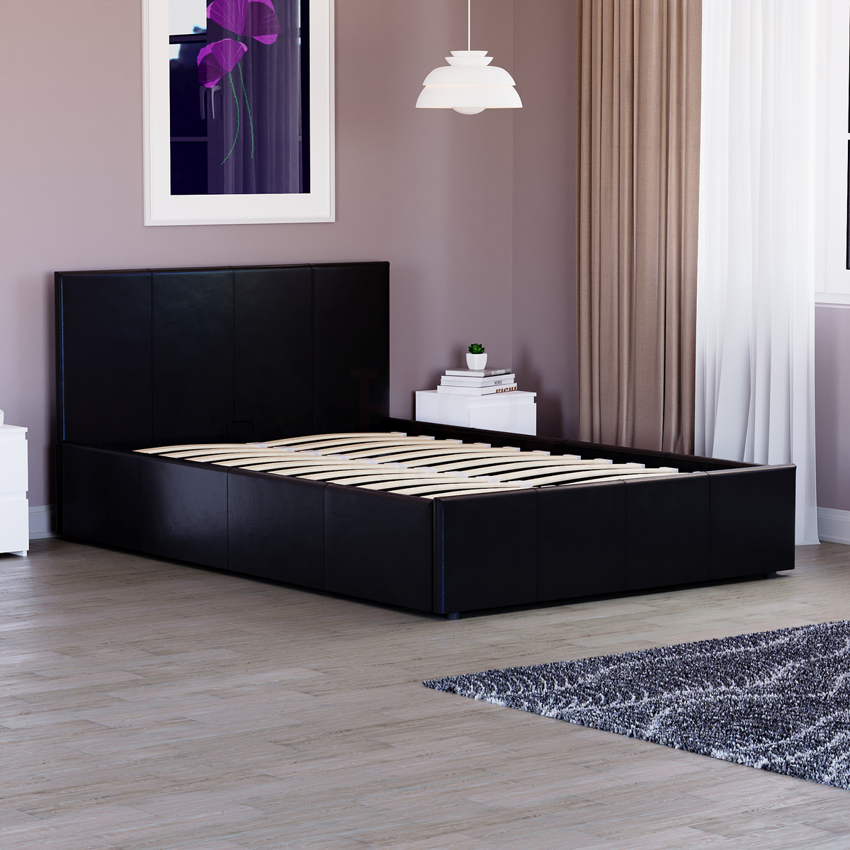 Lisbon Small Double Ottoman Faux Leather Bed, Black UKFR