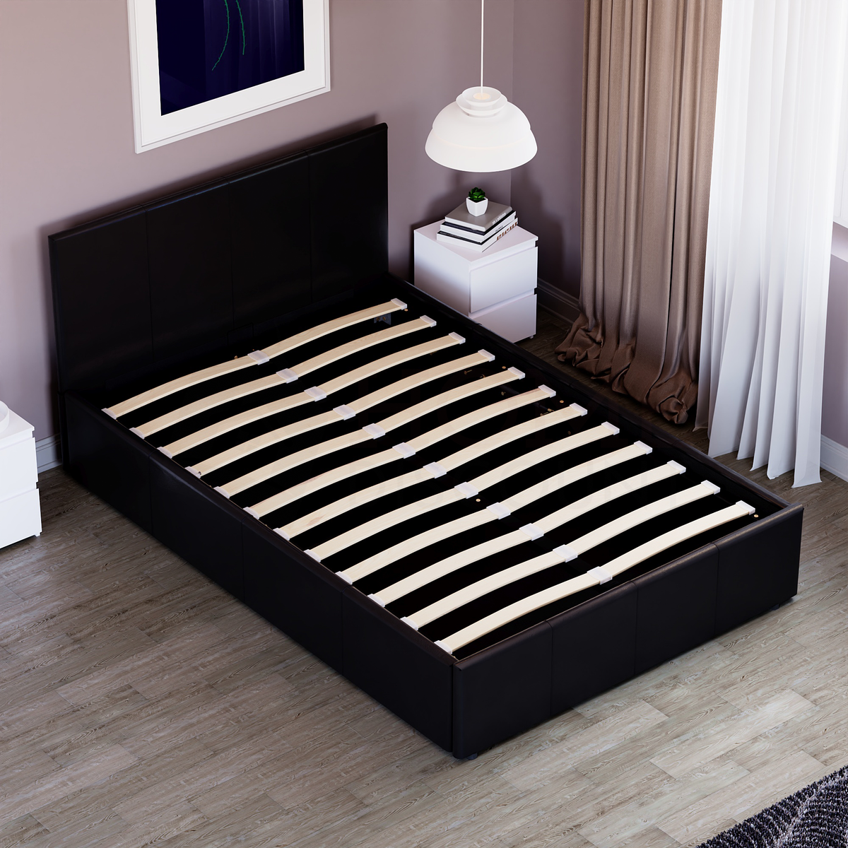 Lisbon Small Double Ottoman Faux Leather Bed, Black UKFR