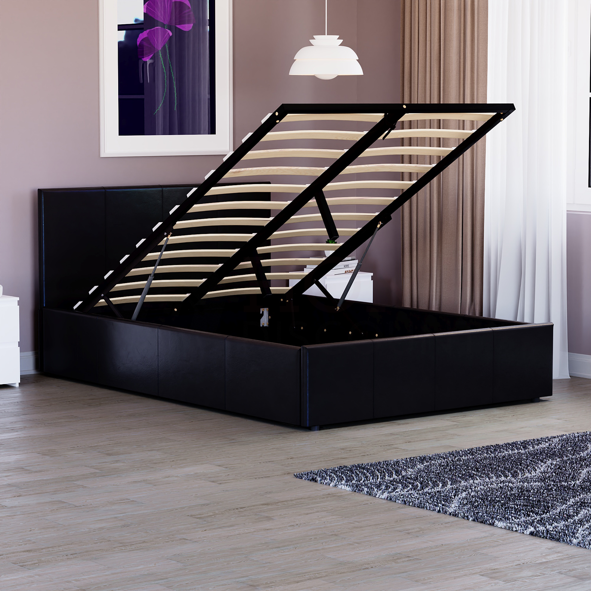 Lisbon Small Double Ottoman Faux Leather Bed, Black UKFR