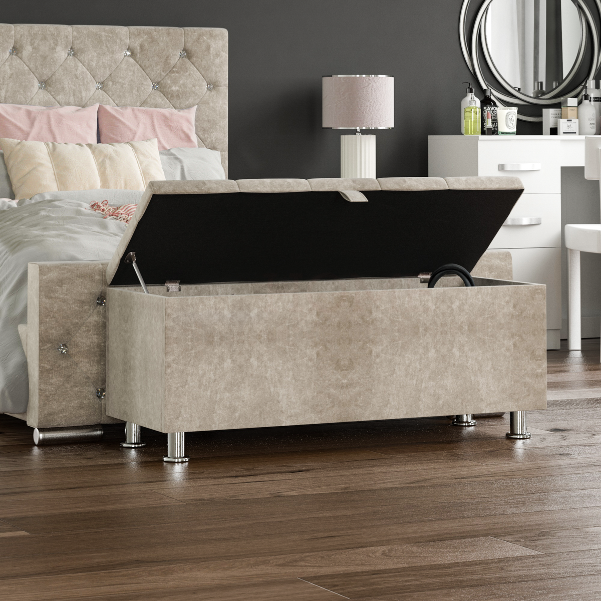 Valencia Crushed Velvet Storage Ottoman, Champagne UKFR