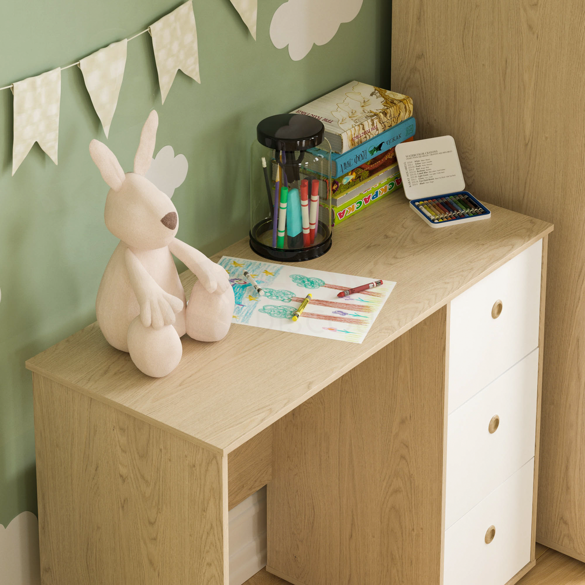 Neptune 3-Drawer Desk - White & Oak