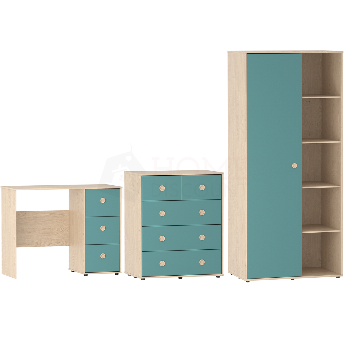 Neptune 3-Piece Bedroom Set - Green & Oak (Desk, Drawer Chest, Wardrobe)
