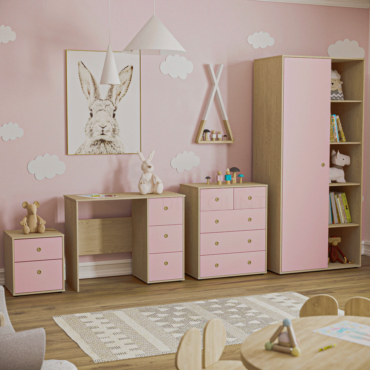 Neptune 4-Piece Bedroom Set - Pink & Oak (Desk, Bedside Table, Drawer Chest, Wardrobe)