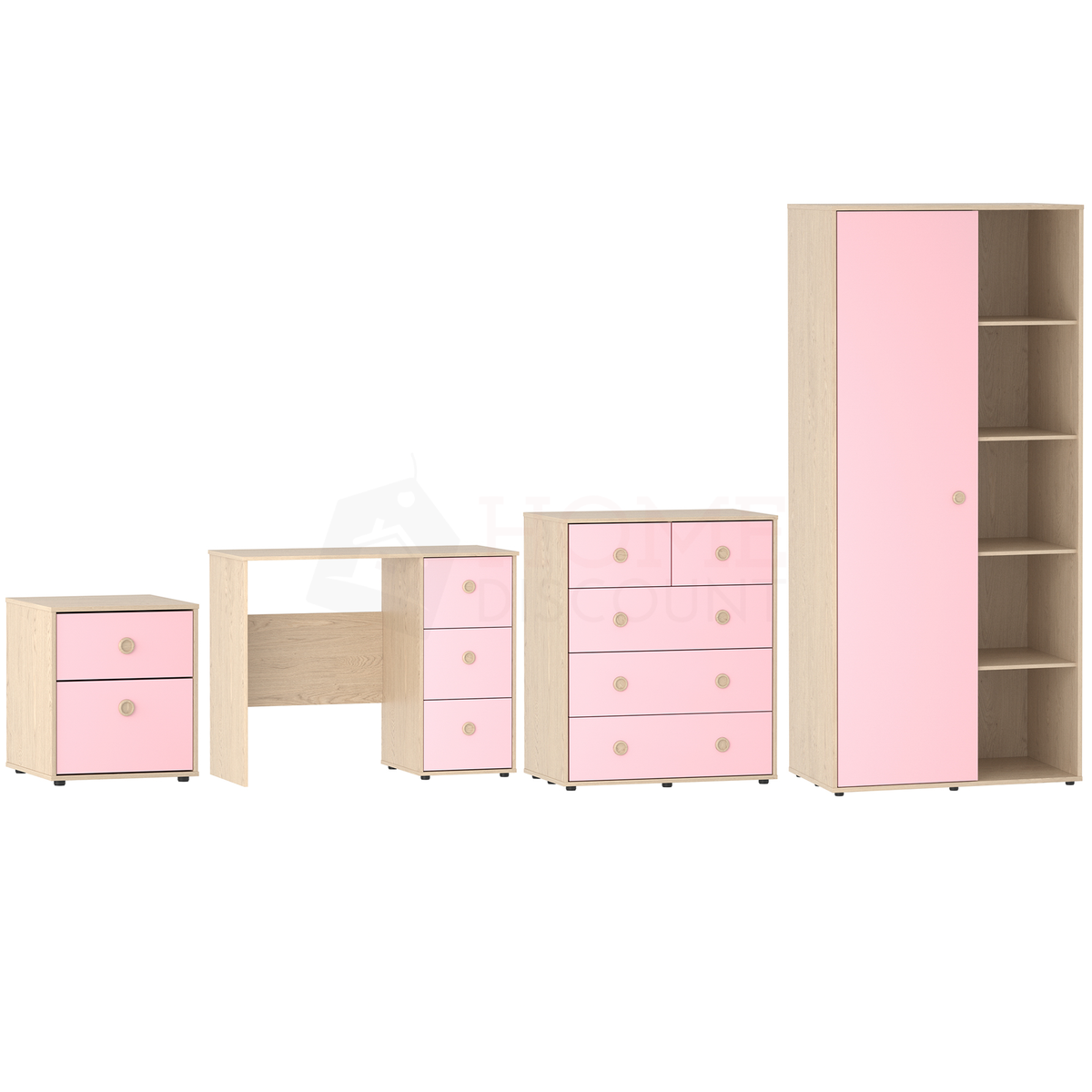 Neptune 4-Piece Bedroom Set - Pink & Oak (Desk, Bedside Table, Drawer Chest, Wardrobe)