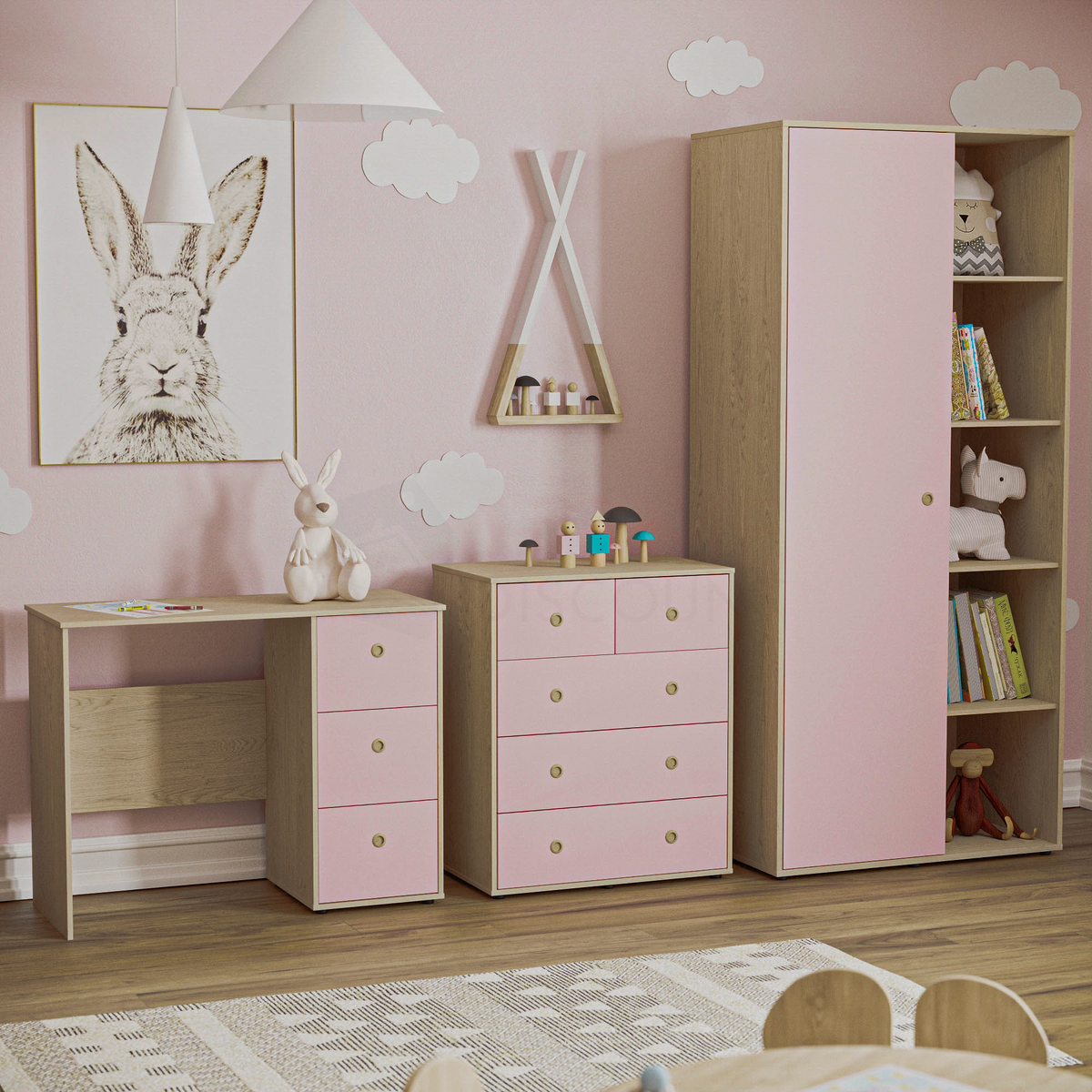 Neptune 3-Piece Bedroom Set - Pink & Oak (Desk, Drawer Chest, Wardrobe)