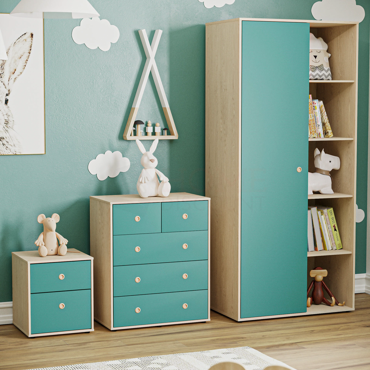 Neptune 3-Piece Bedroom Set - Green & Oak (Bedside Table, Drawer Chest, Wardrobe)