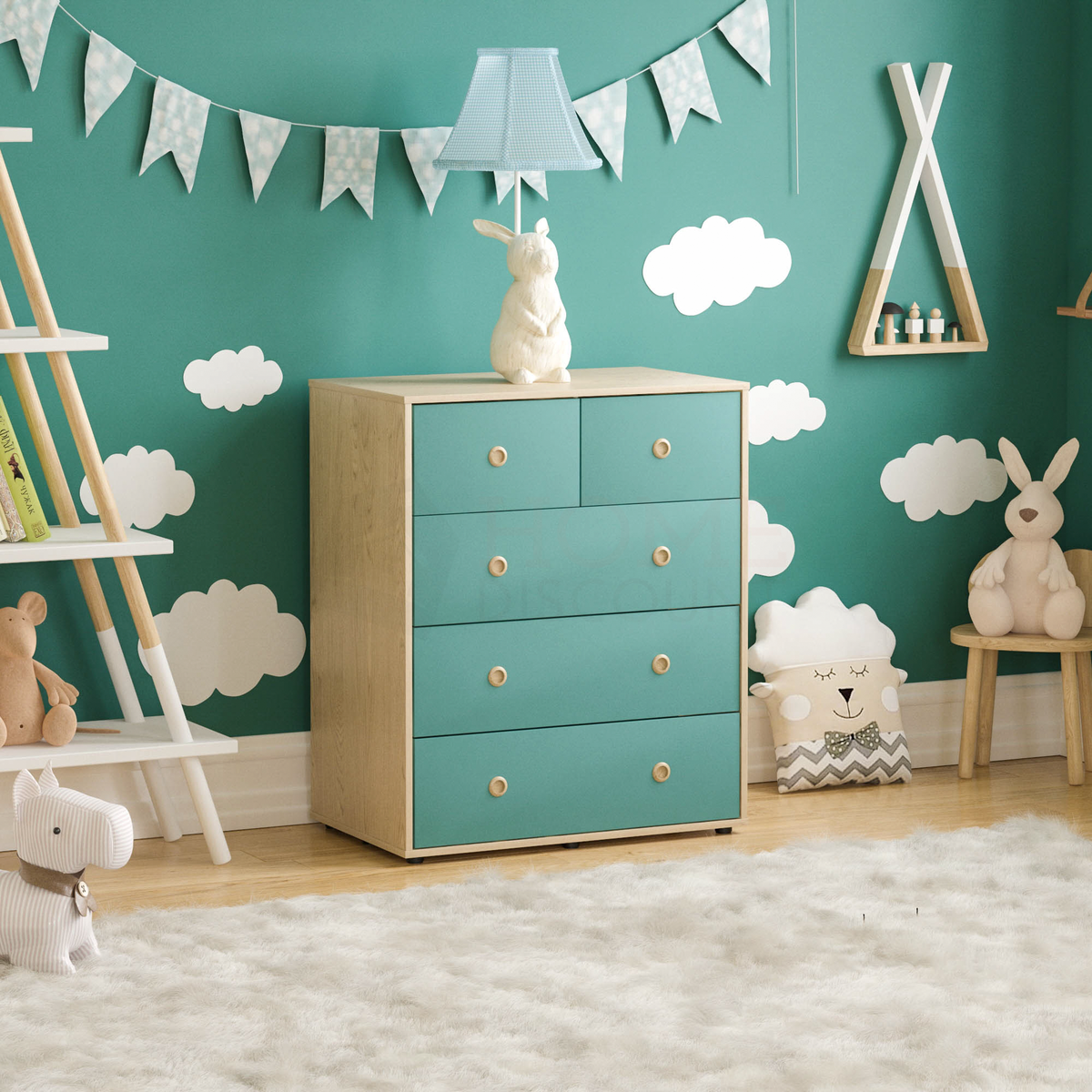 Neptune 3-Piece Bedroom Set - Green & Oak (Desk, Drawer Chest, Wardrobe)