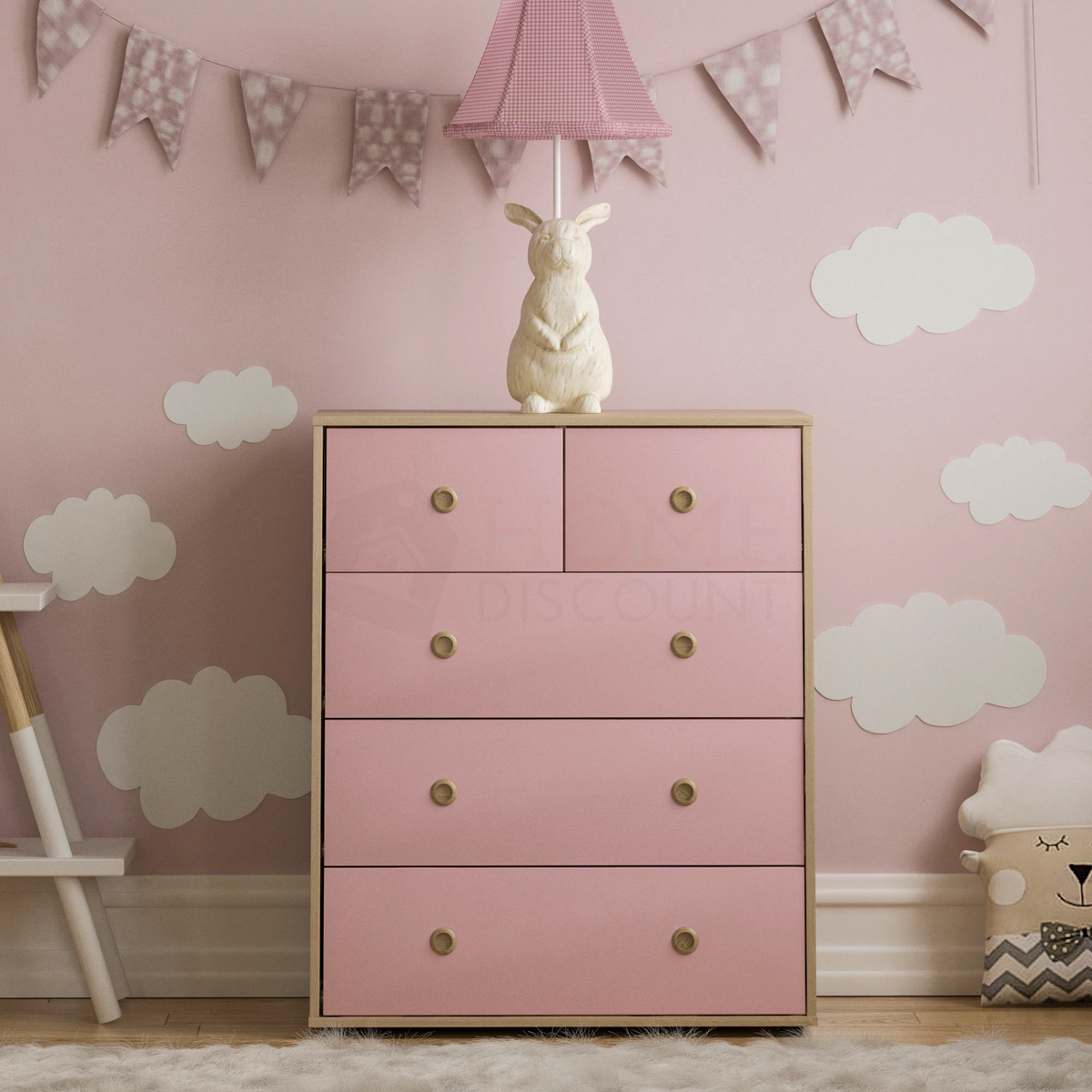 Neptune 5-Drawer Chest - Pink & Oak, Set of 2
