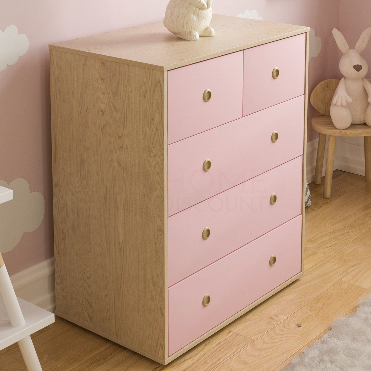 Neptune 5-Drawer Chest - Pink & Oak, Set of 2