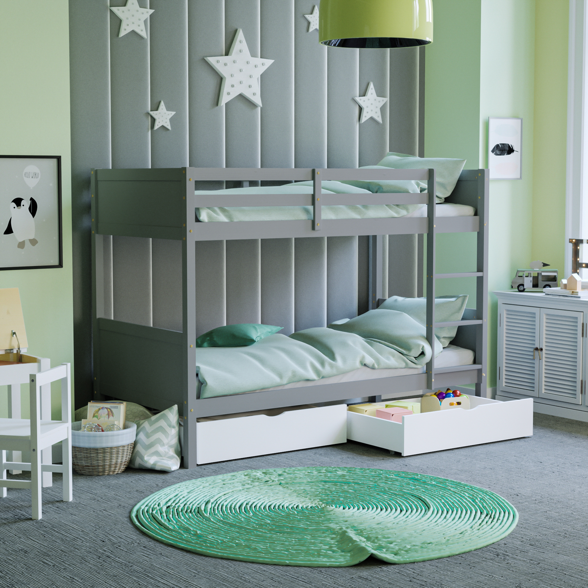 Gemini Detachable Bunk Bed - Grey & Libra Wooden Underbed Drawers - White