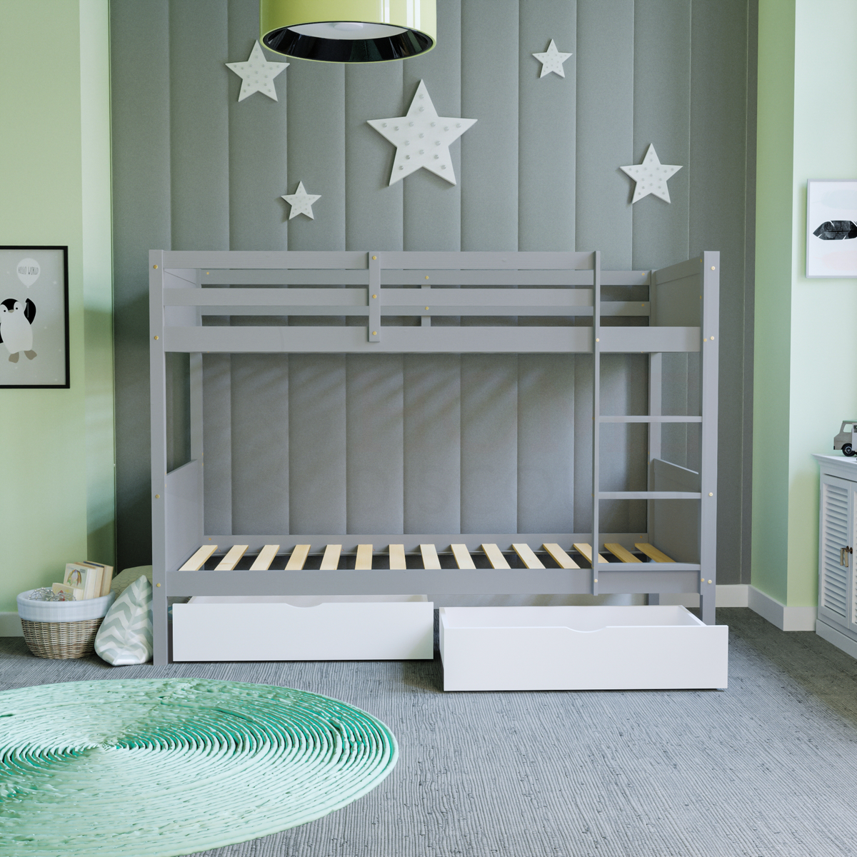 Gemini Detachable Bunk Bed - Grey & Libra Wooden Underbed Drawers - White