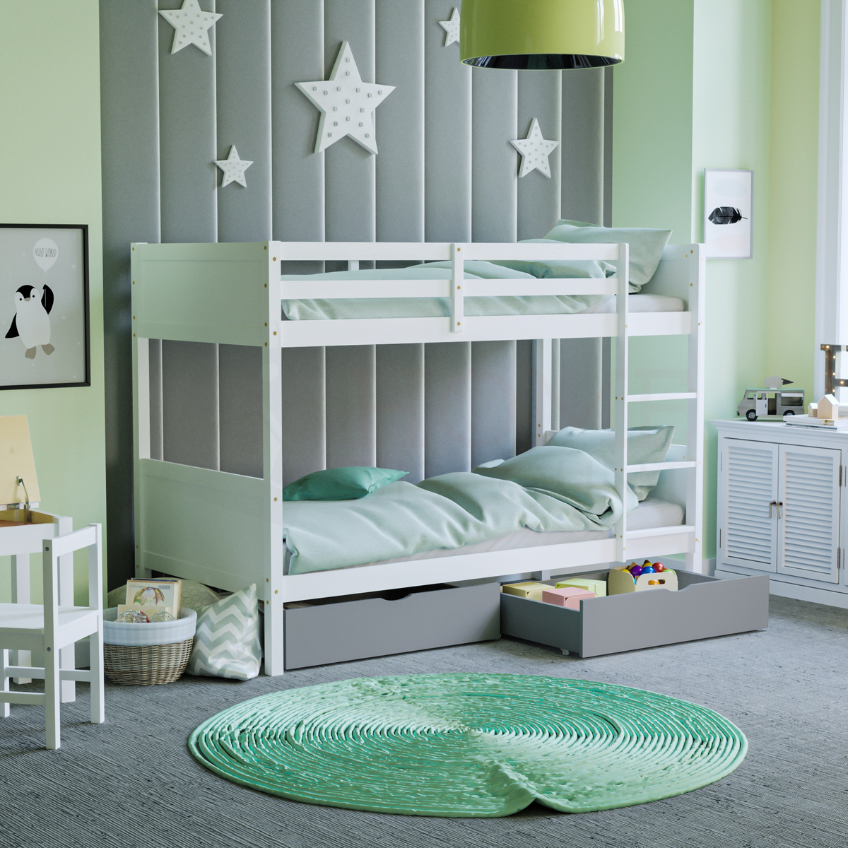 Gemini Detachable Bunk Bed - White & Libra Wooden Underbed Drawers - Grey