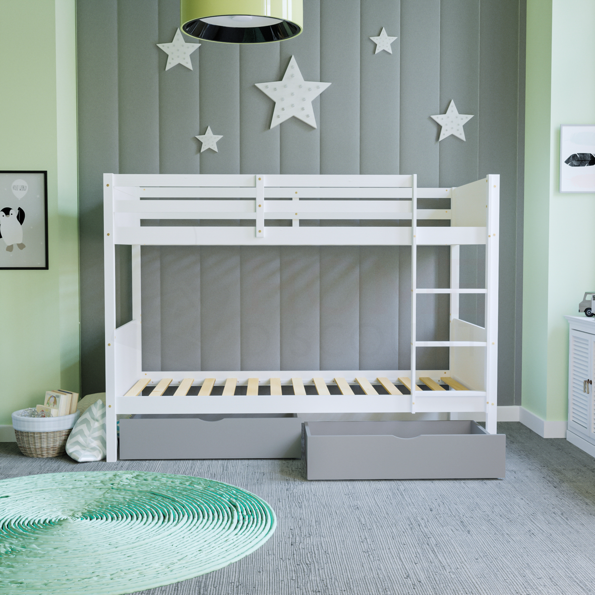 Gemini Detachable Bunk Bed - White & Libra Wooden Underbed Drawers - Grey