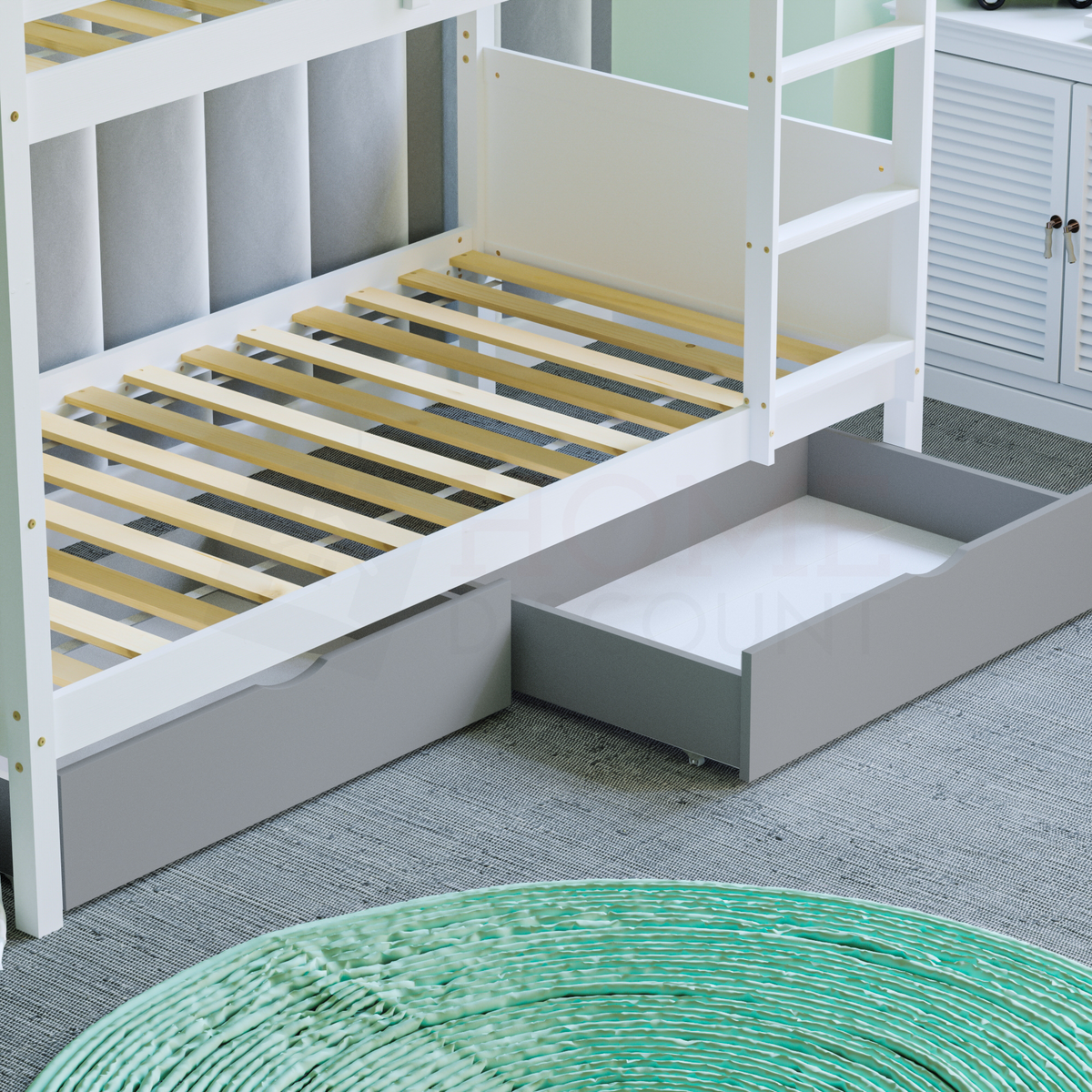 Gemini Detachable Bunk Bed - White & Libra Wooden Underbed Drawers - Grey