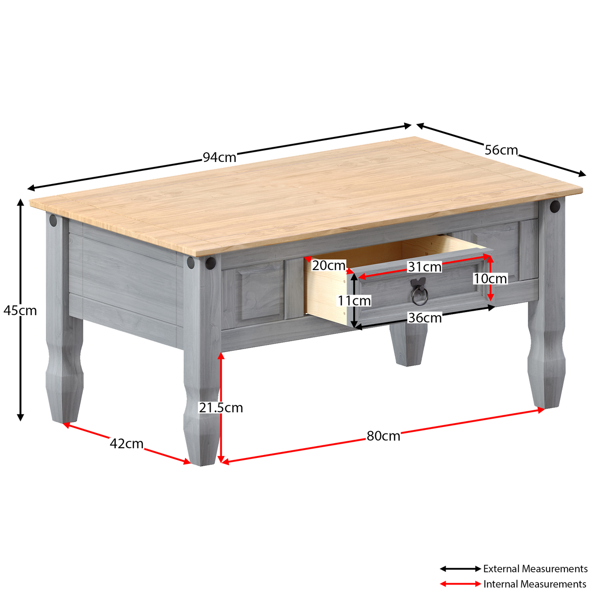 Corona 1-Drawer Coffee Table - Grey