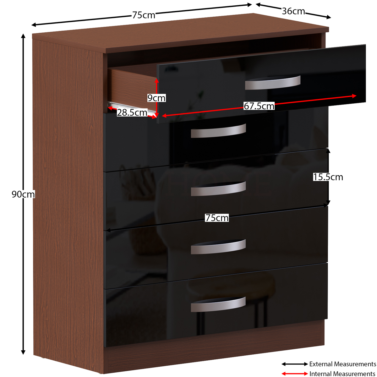 Hulio 5-Drawer Chest - Walnut & Black