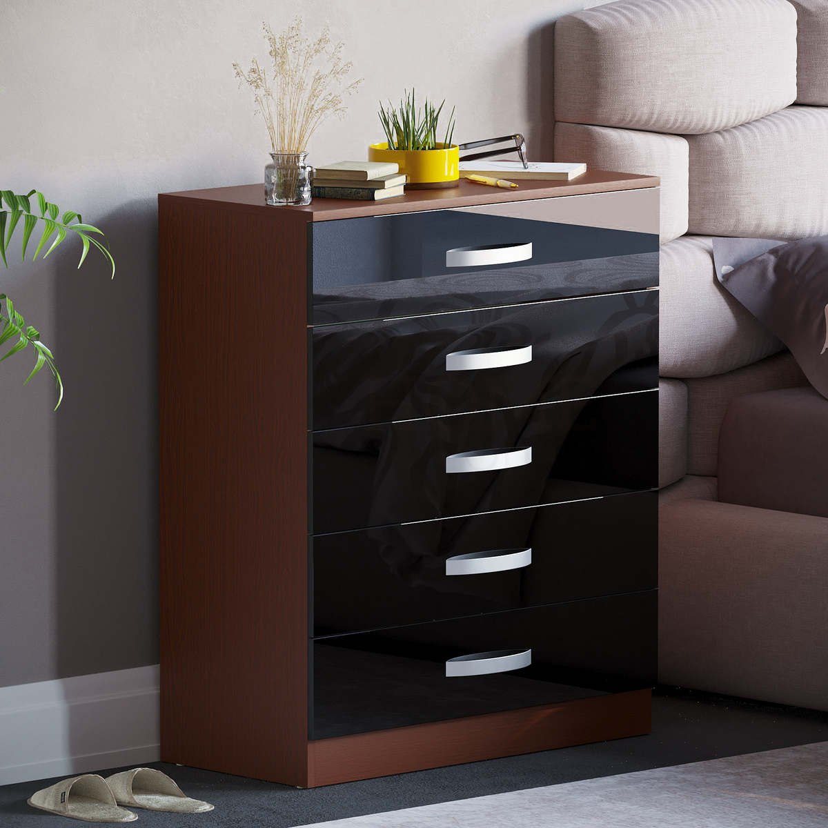 Hulio 5-Drawer Chest - Walnut & Black