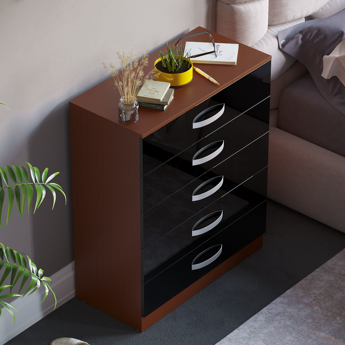 Hulio 5-Drawer Chest - Walnut & Black