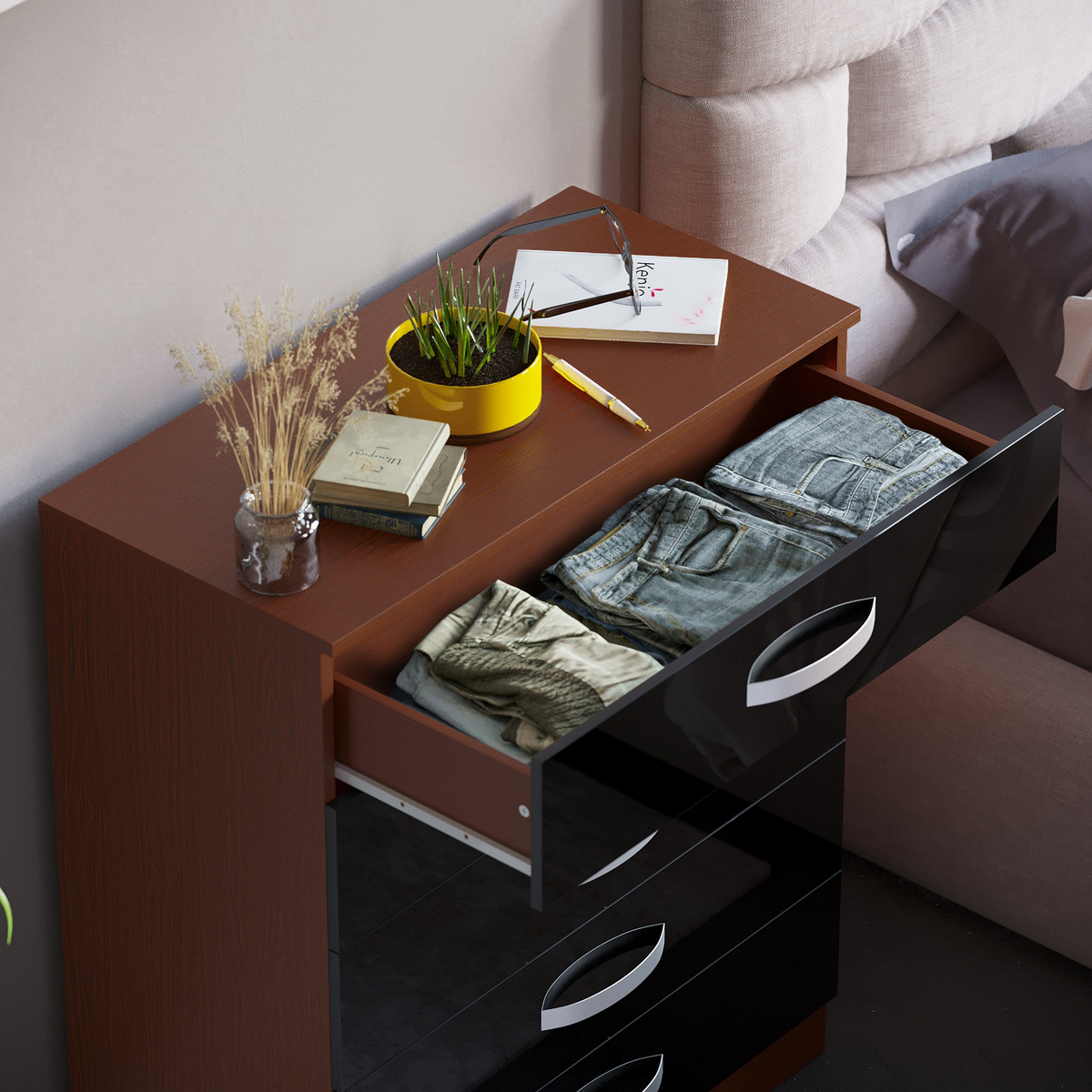 Hulio 5-Drawer Chest - Walnut & Black