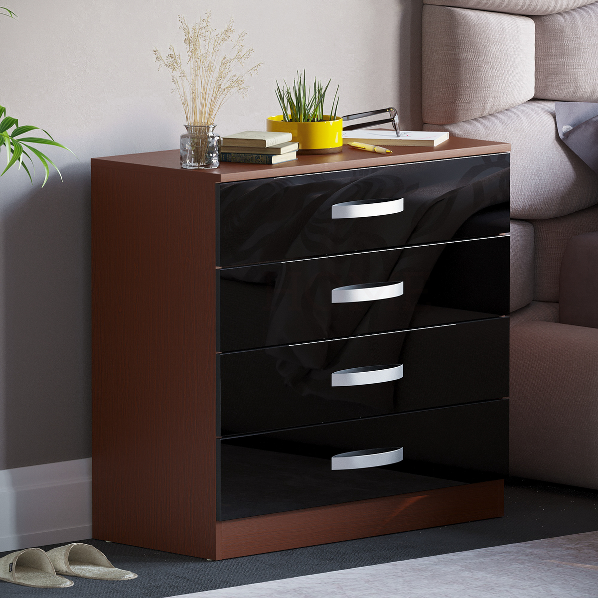 Hulio 4-Drawer Chest - Walnut & Black
