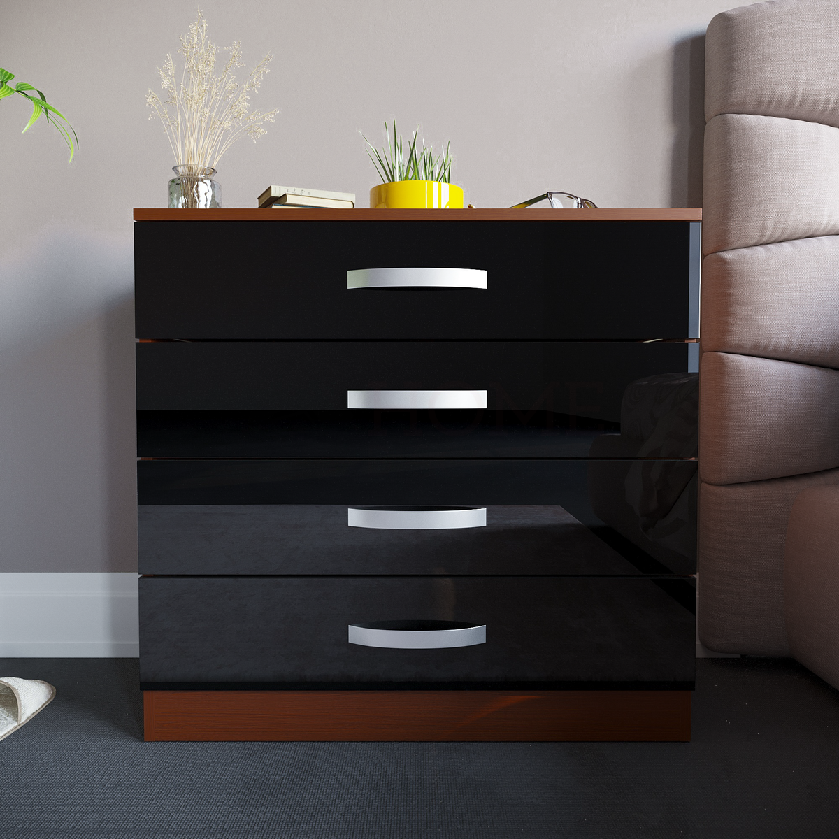 Hulio 4-Drawer Chest - Walnut & Black