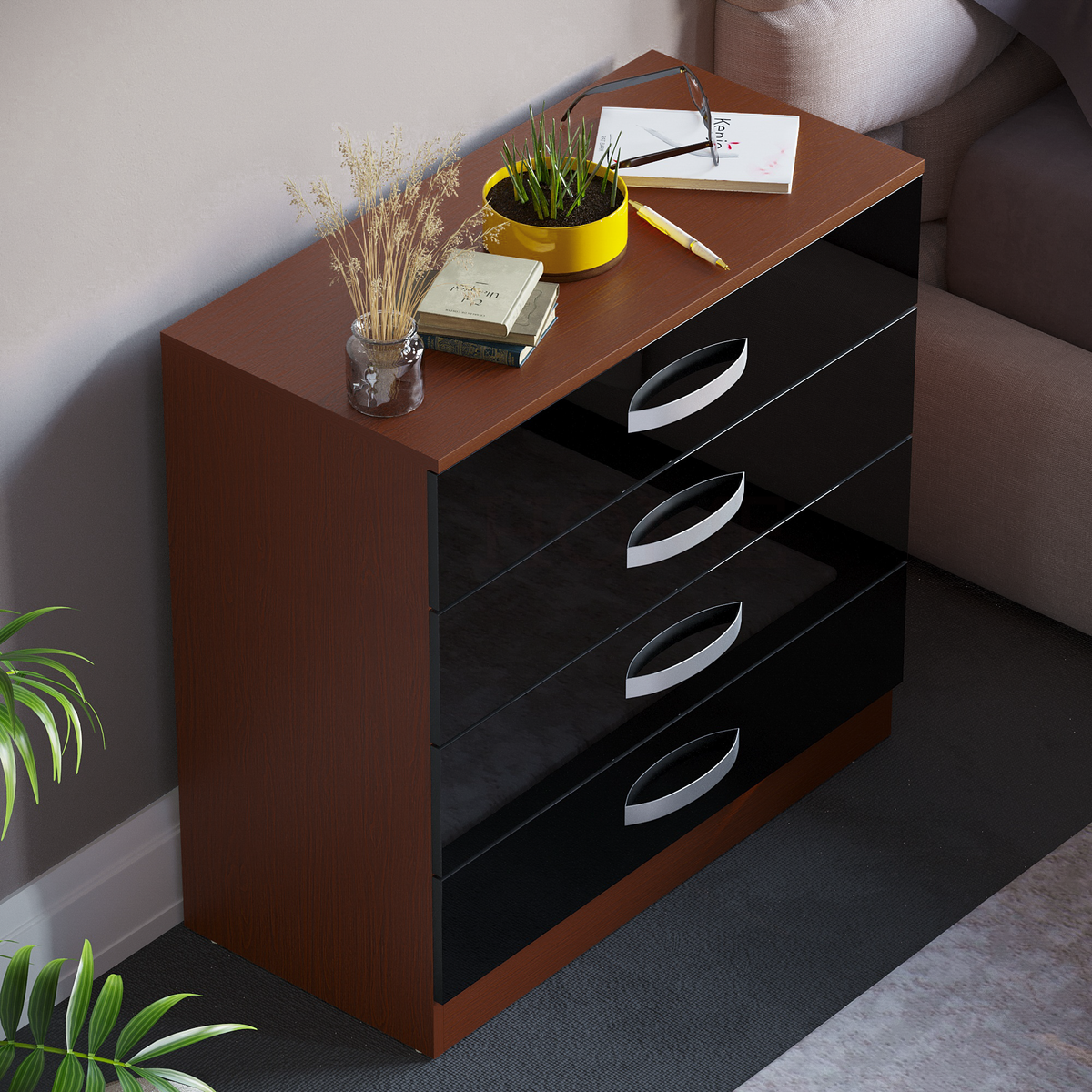 Hulio 4-Drawer Chest - Walnut & Black