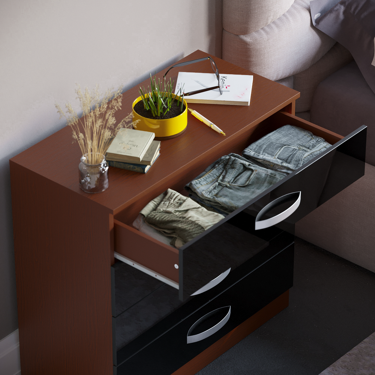 Hulio 4-Drawer Chest - Walnut & Black