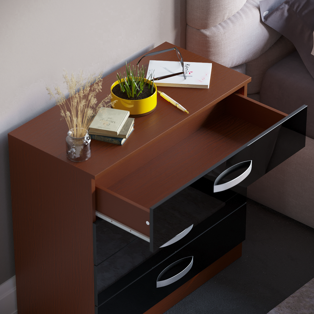 Hulio 4-Drawer Chest - Walnut & Black