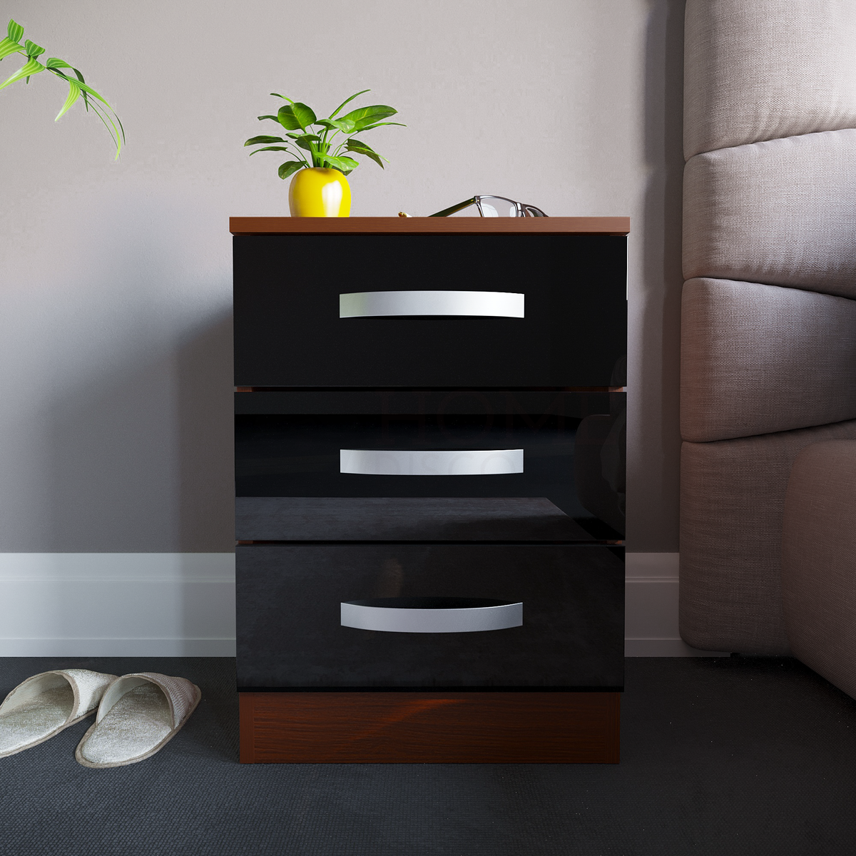 Hulio 3-Drawer Bedside Cabinet - Walnut & Black