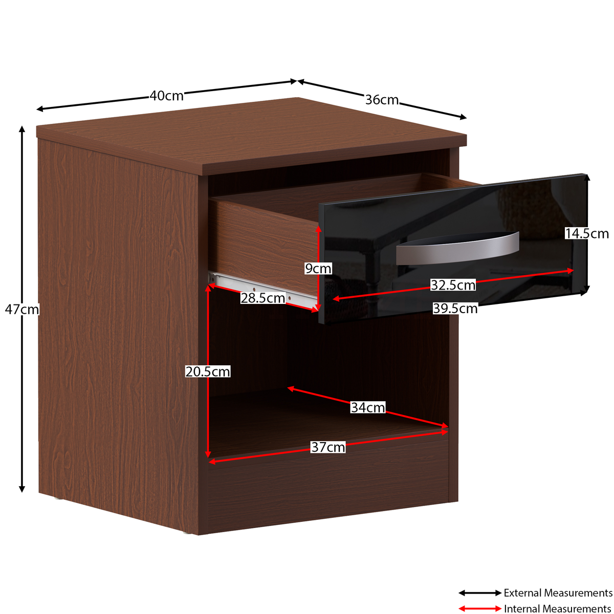 Hulio 1-Drawer Bedside Cabinet - Walnut & Black