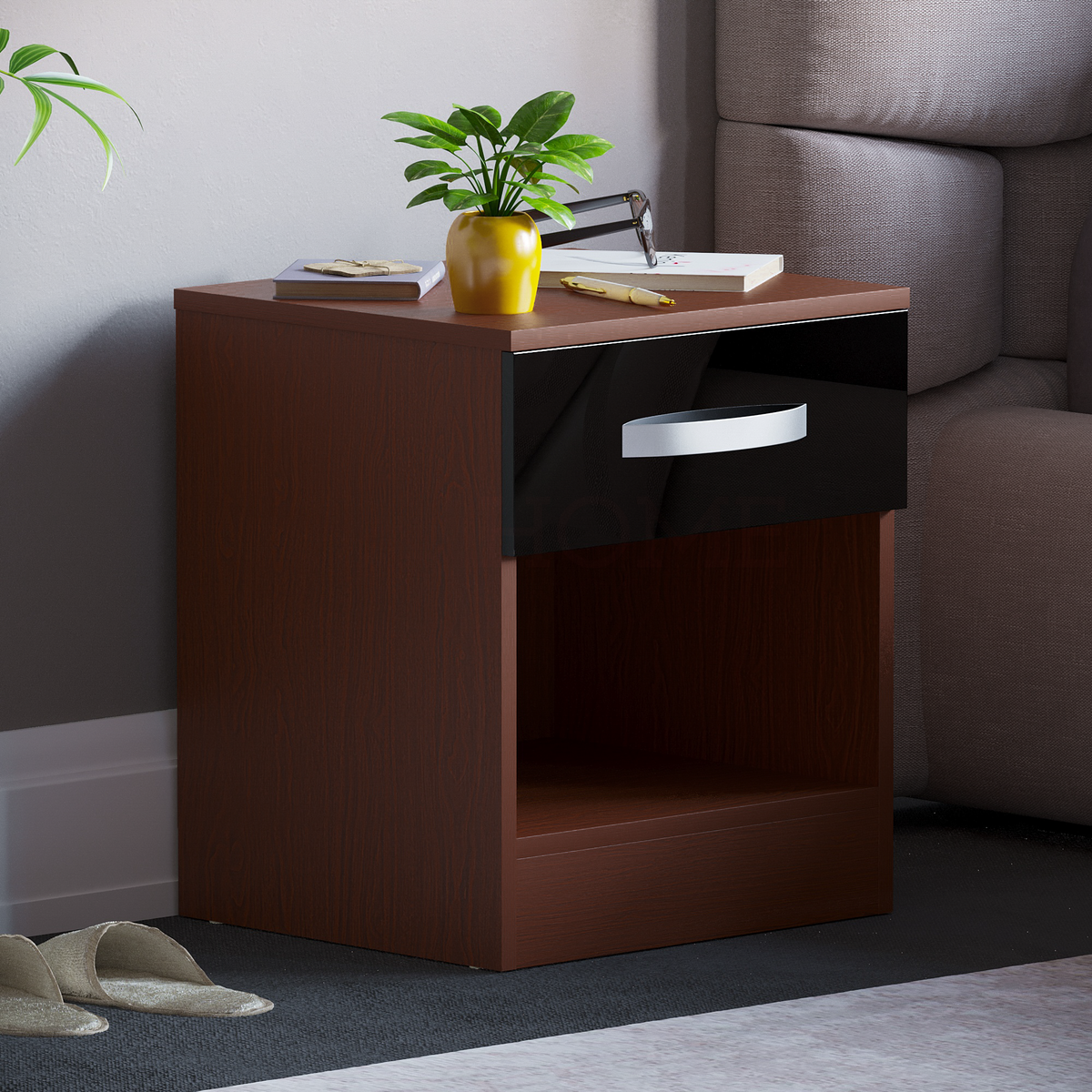 Hulio 1-Drawer Bedside Cabinet - Walnut & Black