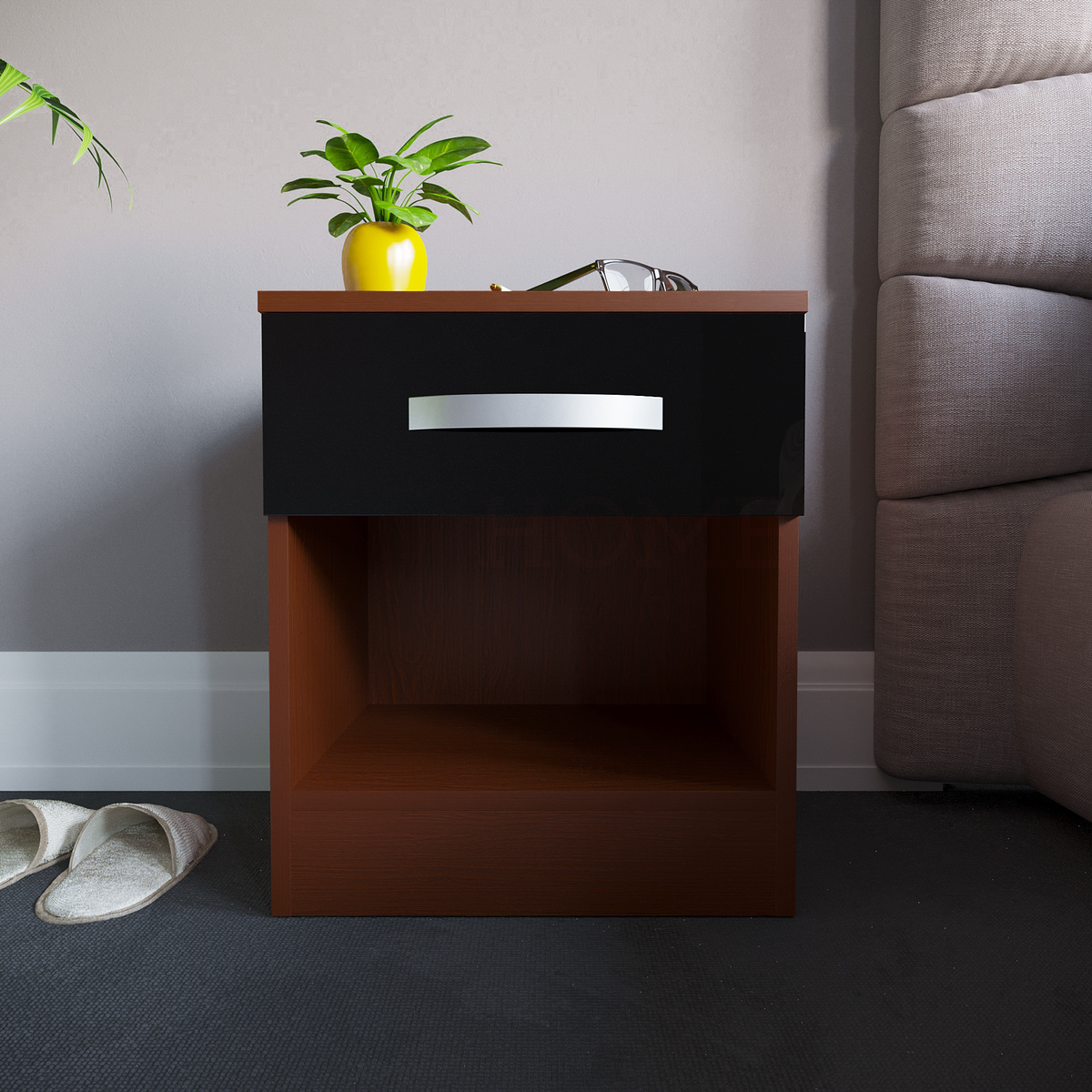 Hulio 1-Drawer Bedside Cabinet - Walnut & Black