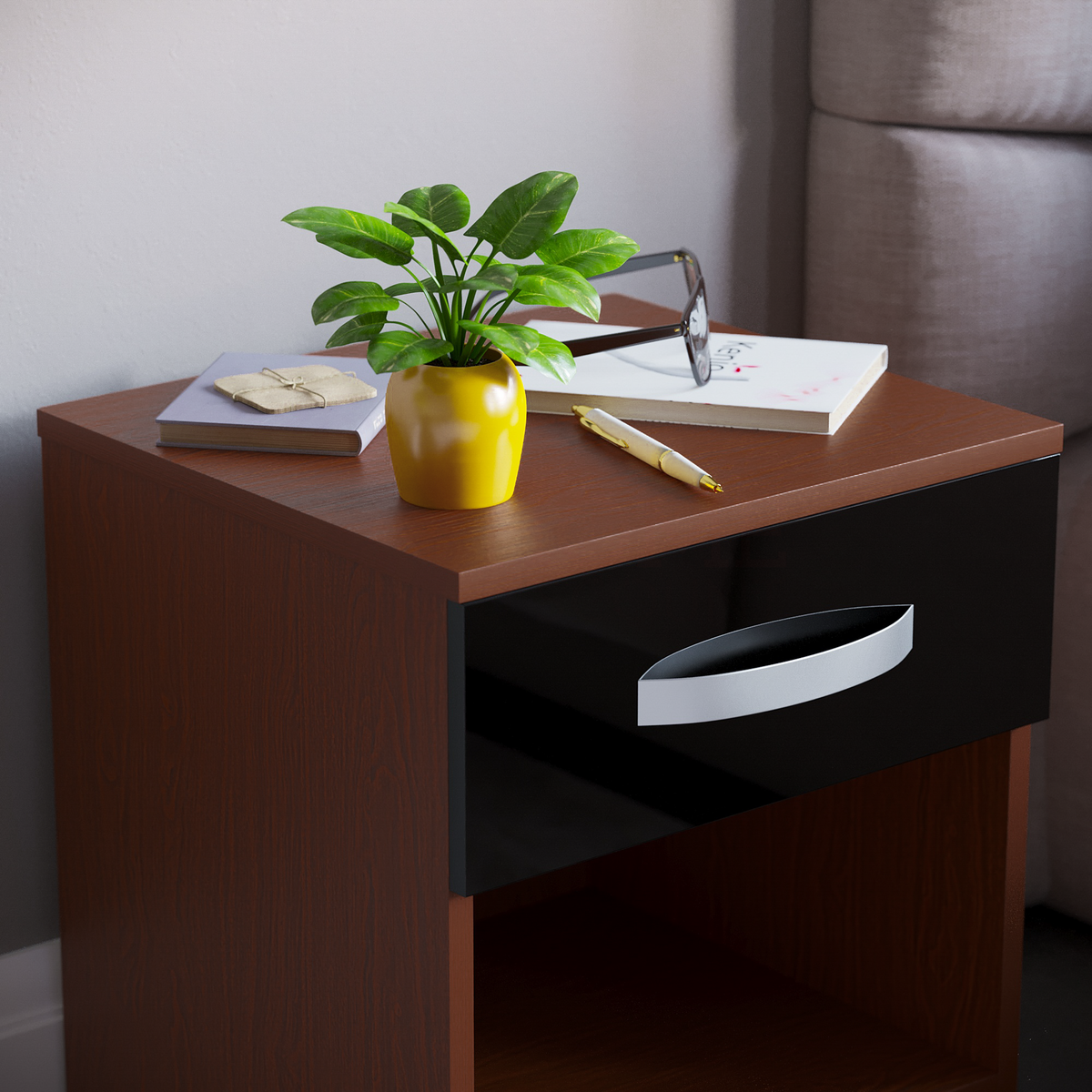 Hulio 1-Drawer Bedside Cabinet - Walnut & Black