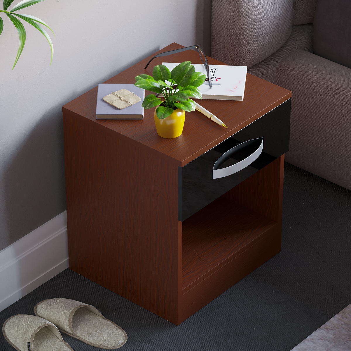 Hulio 1-Drawer Bedside Cabinet - Walnut & Black