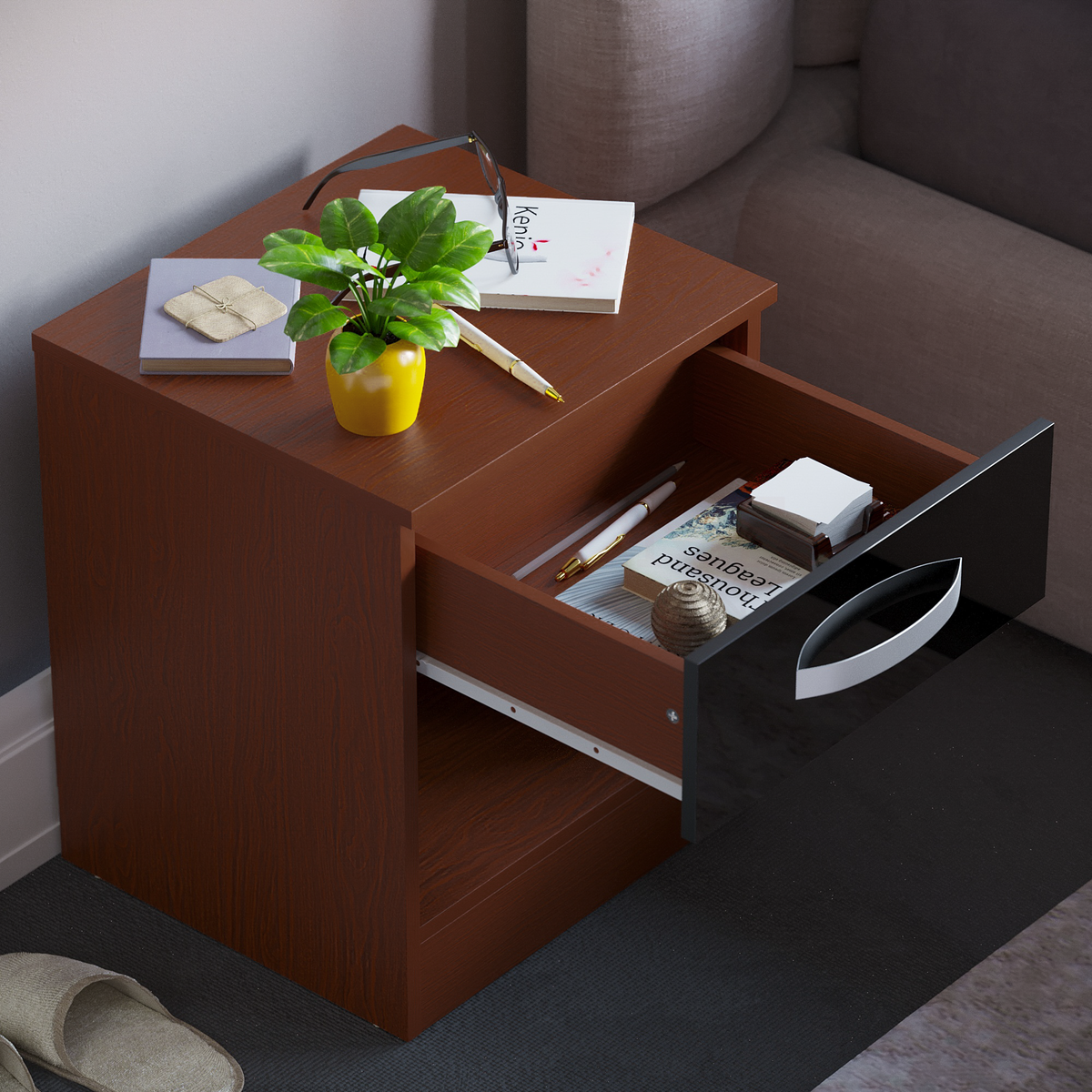 Hulio 1-Drawer Bedside Cabinet - Walnut & Black