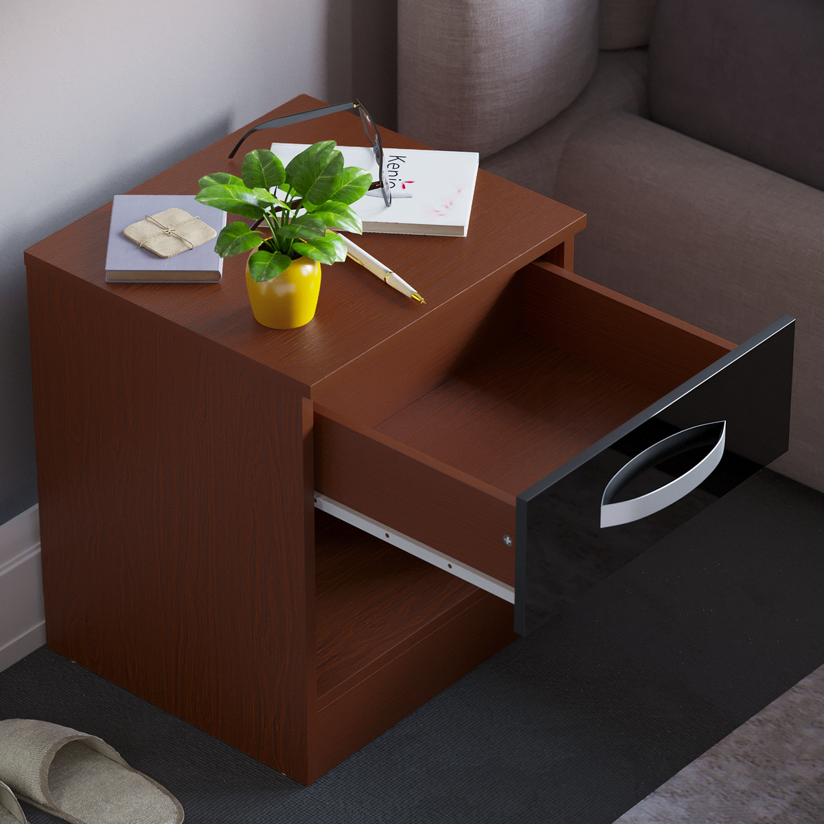 Hulio 1-Drawer Bedside Cabinet - Walnut & Black