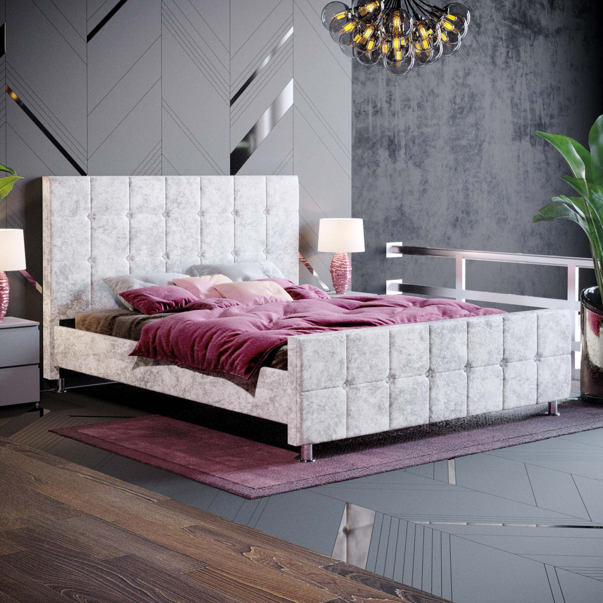 Valentina King Size Crushed Velvet Bed, Silver UKFR