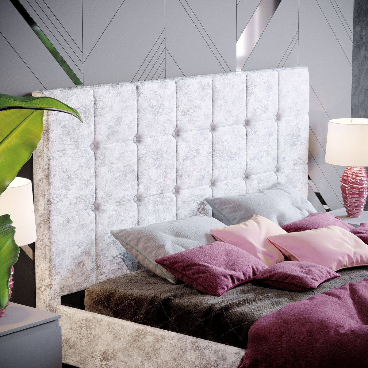 Valentina King Size Crushed Velvet Bed, Silver UKFR