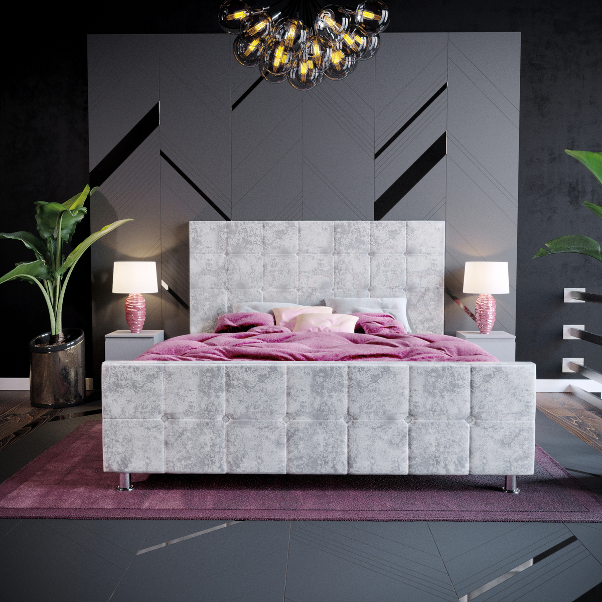Valentina King Size Crushed Velvet Bed, Silver UKFR