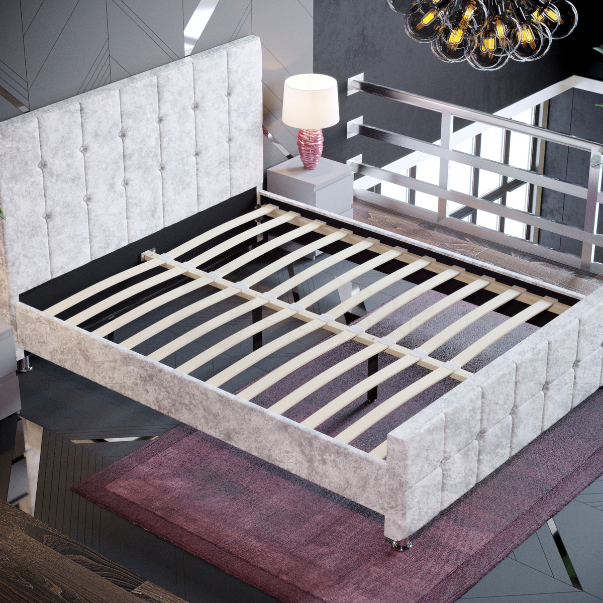 Valentina King Size Crushed Velvet Bed, Silver UKFR