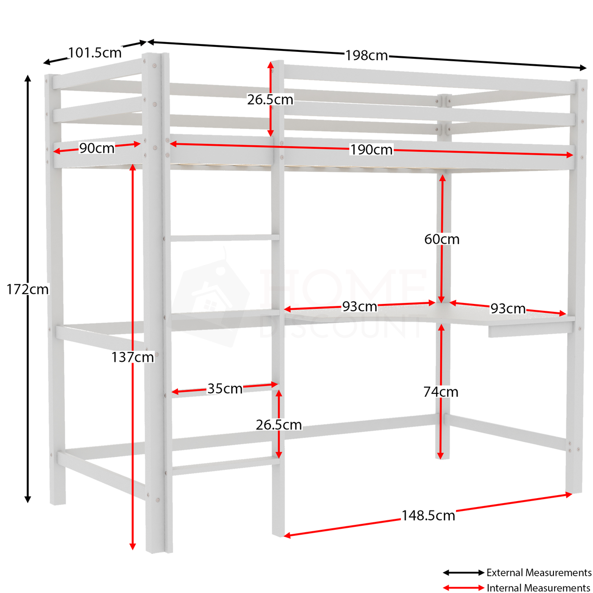 Sydney High Bunk With Desk - White