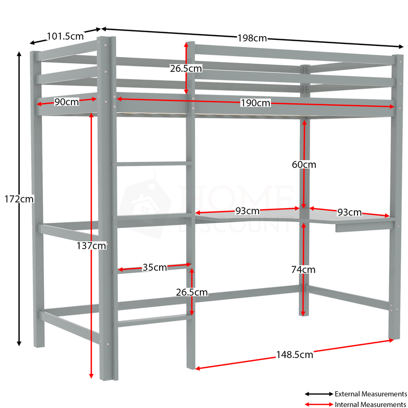 Sydney High Bunk Bed With Desk - Grey