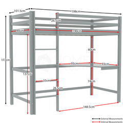 Sydney High Bunk Bed With Desk - Grey