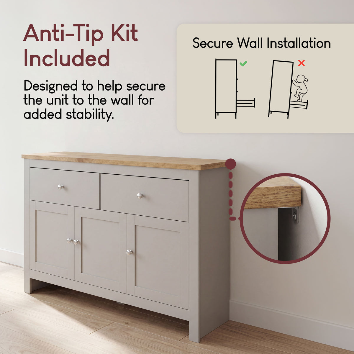 Arlington 2-Drawer 3-Door Sideboard - Grey