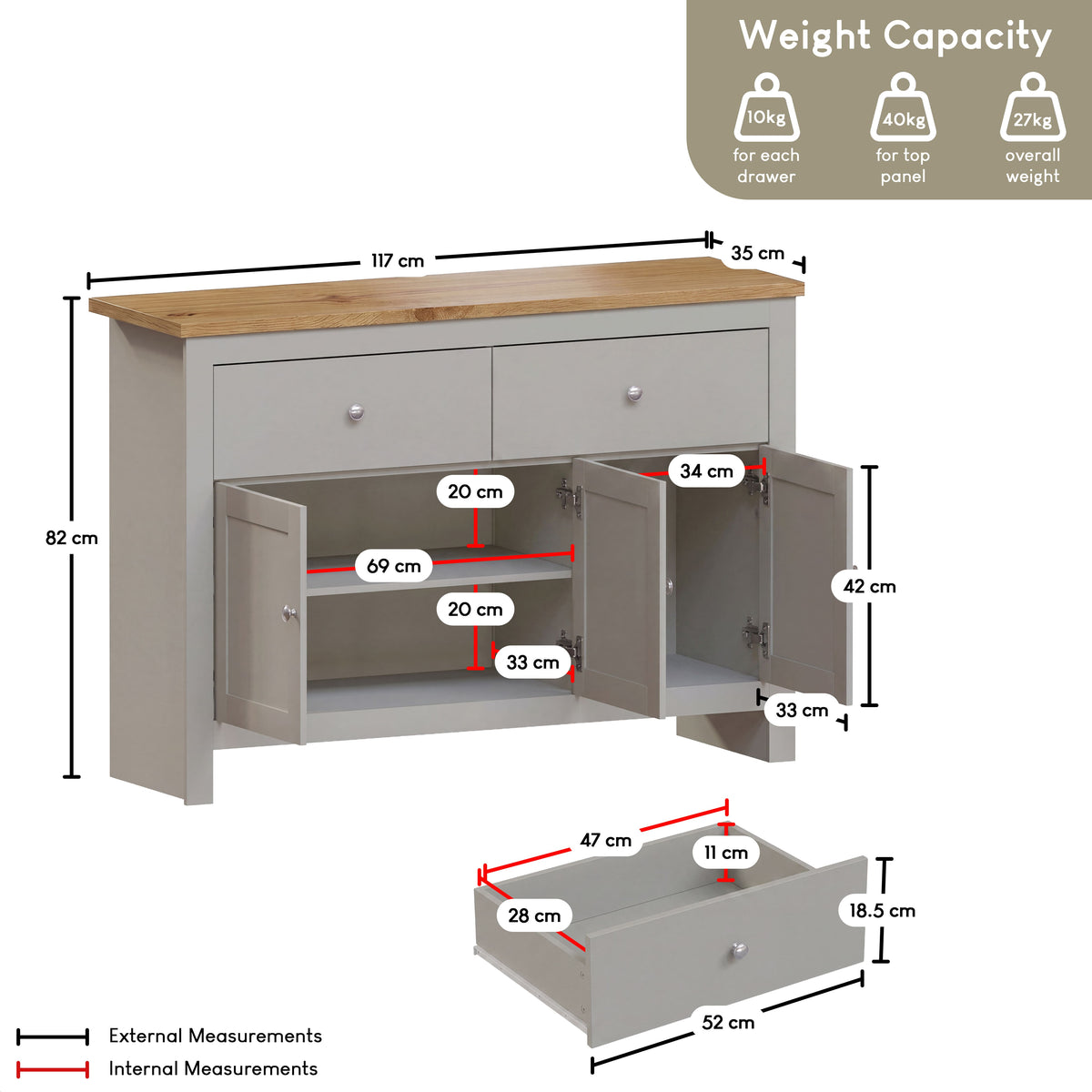 Arlington 2-Drawer 3-Door Sideboard - Grey