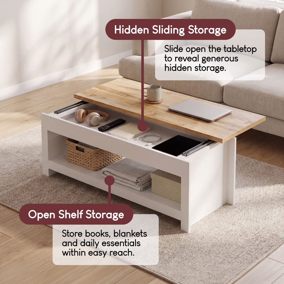 Arlington Sliding Top Coffee Table - White
