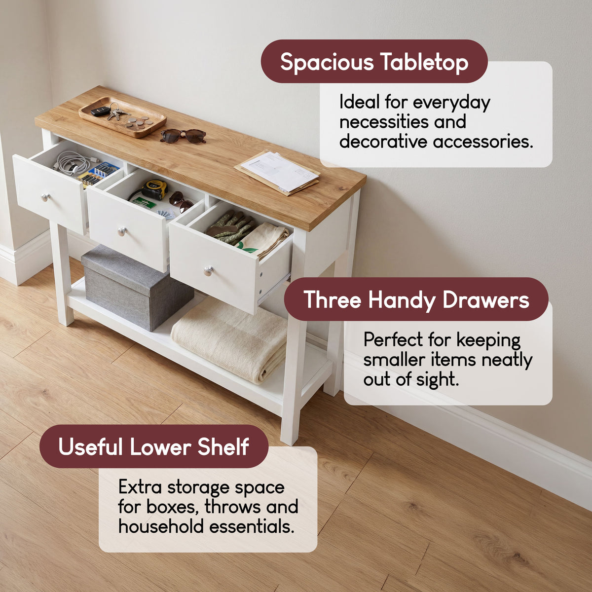 Arlington 3-Drawer Console Table - White
