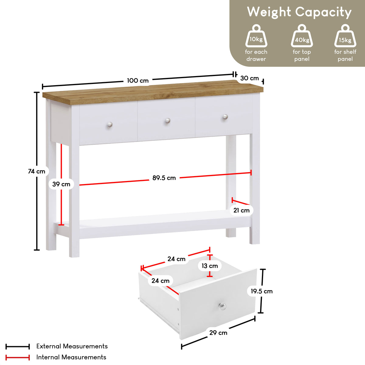 Arlington 3-Drawer Console Table - White